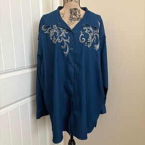 Victor Costa Occasion Western Beaded Dark Blue Denim Shacket Jacket Shirt